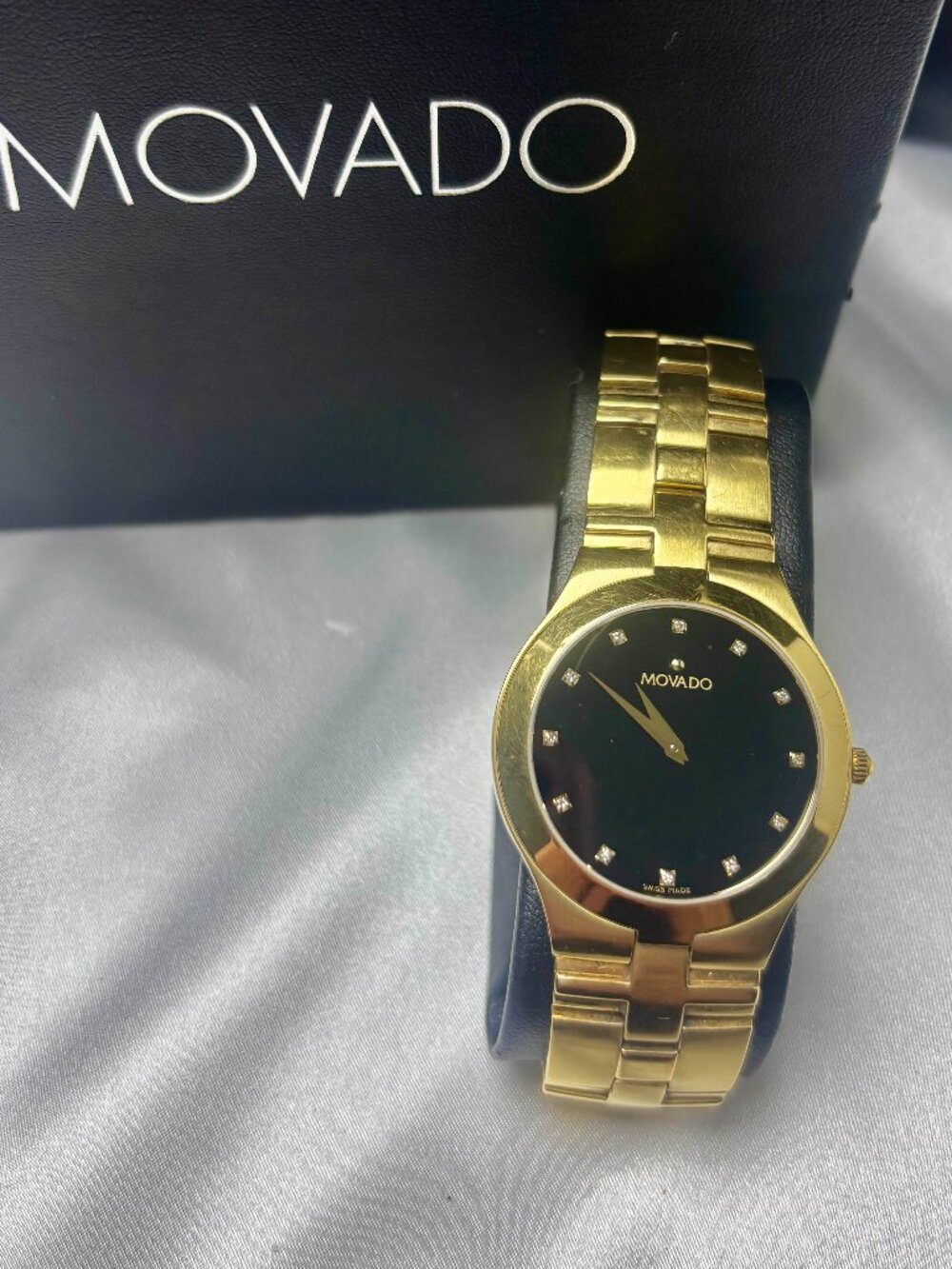 Movado Juro men's gold tone black museum Diamond dial watch